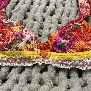 Vintage Betsey Johnson Pink and Red Lace Trim Small Bikini & red wrap skirt